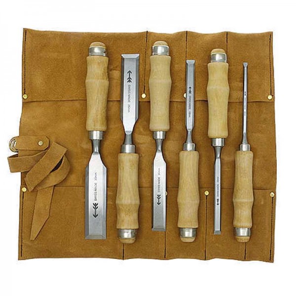 Pfeil Chisel in a leather tool roll, 6-Piece Set Pfeil Chisels