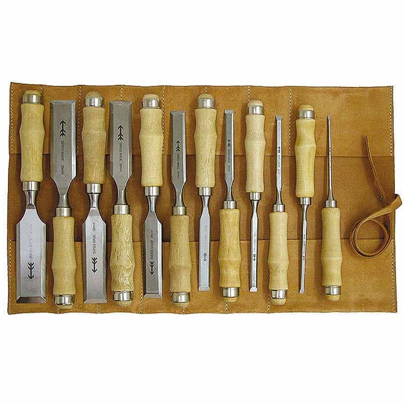 Pfeil Chisel in a leather tool roll, 12-Piece Set Pfeil Chisels